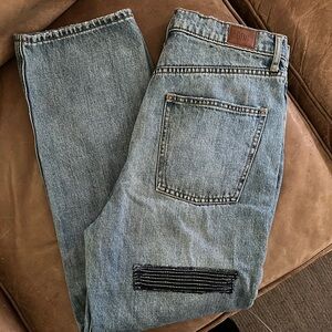 Urban Outfitters BDG Relaxed Straight Kente Cloth Patched Blue Jeans